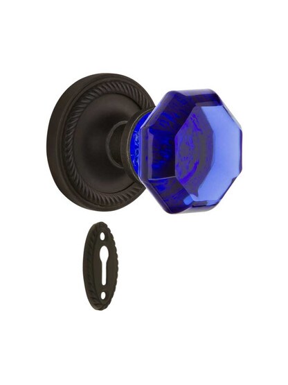 Rope Rosette Mortise Lock Set with Colored Waldorf Crystal Glass Knobs Cobalt Blue in Oil-Rubbed Bronze.